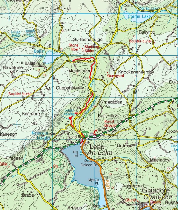 Map to Mullaghnagowan River - OSI Website Scren Shot of Leap and the River in RED. The two drops are below the network of yellow roads just upstream of the town. I'm sure theres stuff on the rest of the run worth doing too.