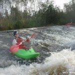 Photo of the Barrow river in County Carlow Ireland. Pictures of Irish whitewater kayaking and canoeing. brian webster looking nervous on the first wier at clashganny low-medium water. Photo by michael flynn