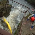 Photo of the Barrow river in County Carlow Ireland. Pictures of Irish whitewater kayaking and canoeing. what happens when you send beginners down the salmon gates of the v wier at clashganny dangerous/fluke incident. Photo by michael flynn