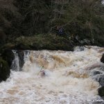 Photo of the Dargle river in County Wicklow Ireland. Pictures of Irish whitewater kayaking and canoeing. Drunky doing the main falls... Badly! (Med flow). Photo by rur