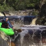 Photo of the Mayo Clydagh river in County Mayo Ireland. Pictures of Irish whitewater kayaking and canoeing. The line is generally centre until the 2nd hole then work left. Photo by Graham Clarke