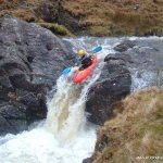 Photo of the Srahnalong river in County Mayo Ireland. Pictures of Irish whitewater kayaking and canoeing. Guess what happens next...? JP 4 drops above the S bend.. Photo by JP